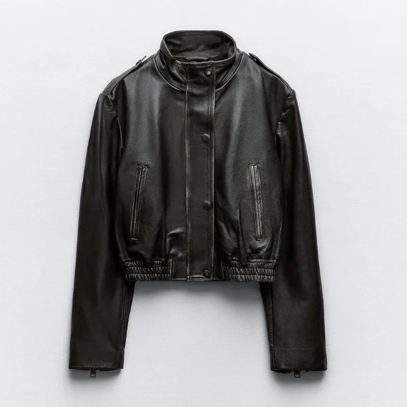 NWT Zara Distressed Effect High Collar Leather Jacket Dark Brown Sz:L